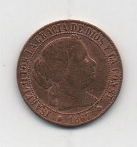 ESPAÑA ISABEL II DEL AÑO 1867 DE 1 CENTIMO OM BARCELONA